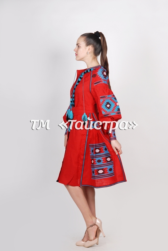 Red Midi Dress, Ukrainian embroidery, Boho, ethno, style boho chic, Embroidered dress, Multi Color Embroidery Linen