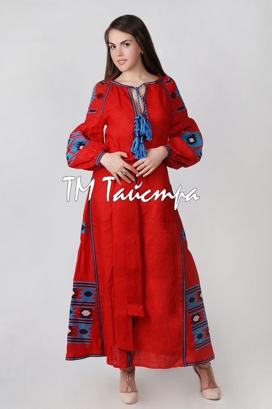 Embroidered Dress Vyshyvanka Red Maxi Dress Ukrainian embroidery, Boho, ethno, Multi Color Embroidery Line