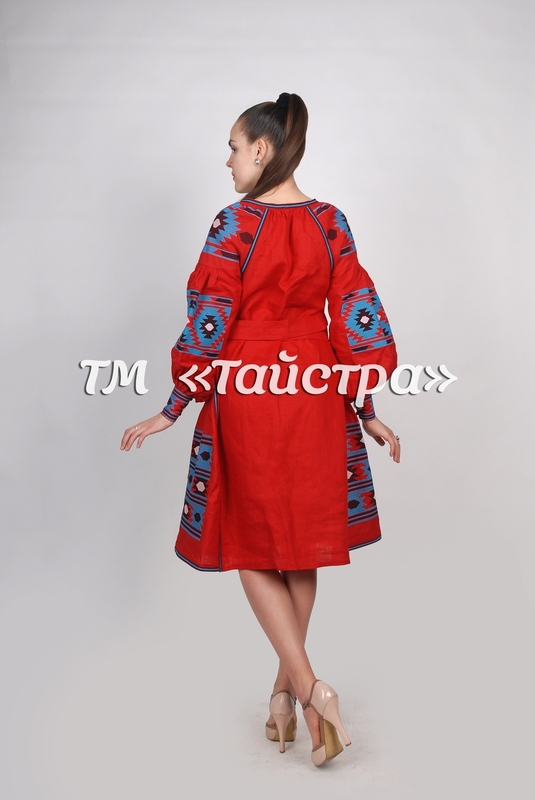 Red Midi Dress, Ukrainian embroidery, Boho, ethno, style boho chic, Embroidered dress, Multi Color Embroidery Linen