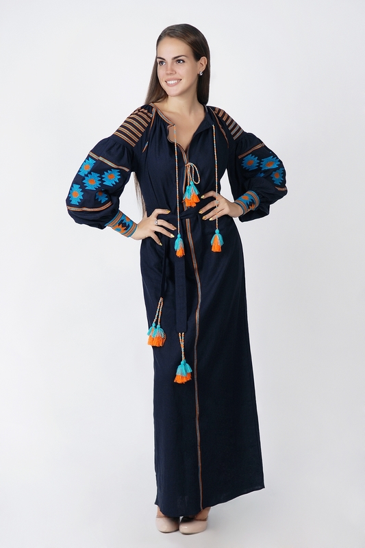 Boho dress embroidered, Dark blue linen, ethno, style boho chic, Bohemian Vyshyvanka Dress Multi Color Embroidery Linen, Ukrainian embroidery