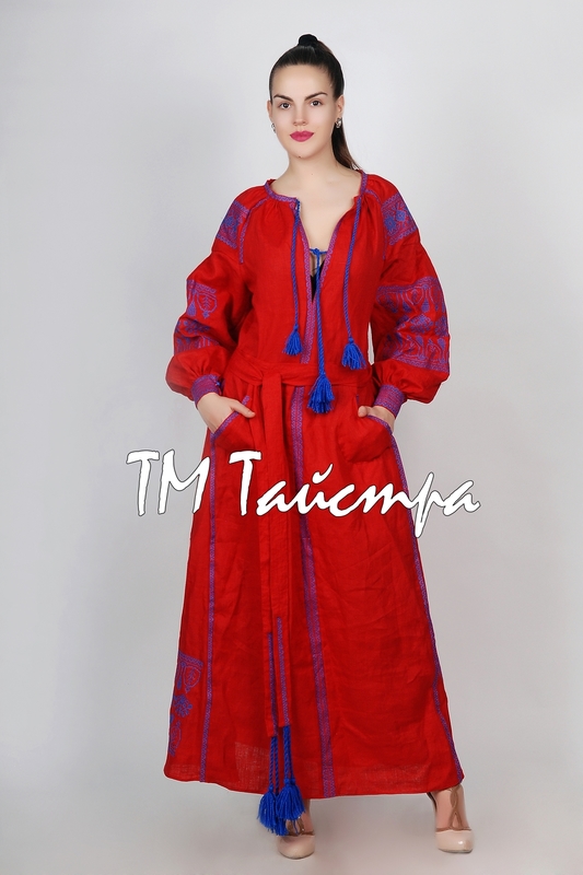 Embroidered Dress Vyshyvanka Red Maxi Dress Ukrainian embroidery, Boho, ethno, Multi Color Embroidery Line
