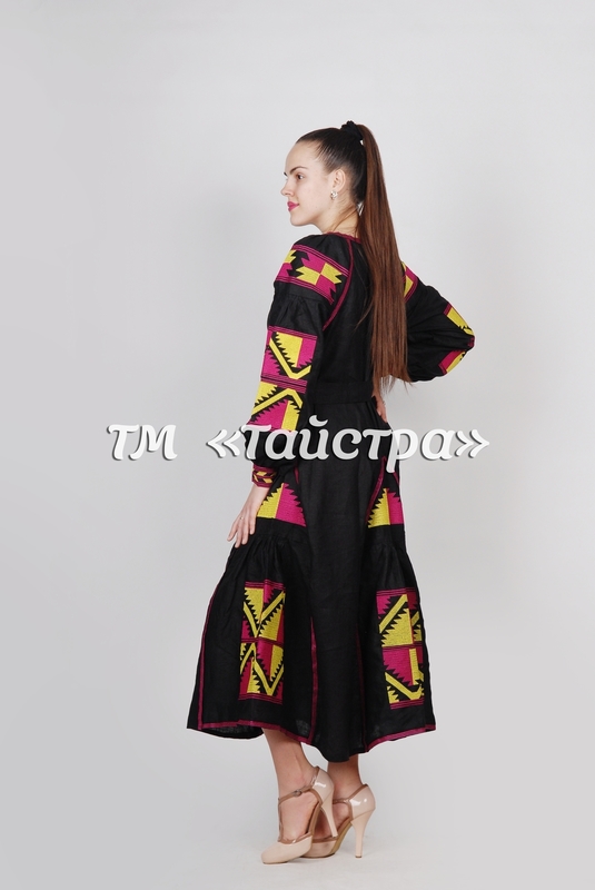 Embroidered Maxi Dress Boho, Four Embroidered Wedges, ethno, Black Dress style boho chic, Bohemian, Vyshyvanka Dress Multi Color Embroidery Linen, Ukrainian embroidery