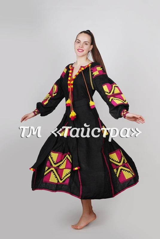 Embroidered Maxi Dress Boho, Four Embroidered Wedges, ethno, Black Dress style boho chic, Bohemian, Vyshyvanka Dress Multi Color Embroidery Linen, Ukrainian embroidery