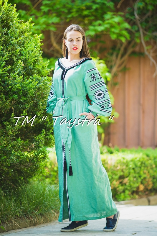Embroidered dress Boho, ethno, style boho chic, Bohemian, Vyshyvanka Dress Multi Color Embroidery Linen, Ukrainian embroidery, Green Dress