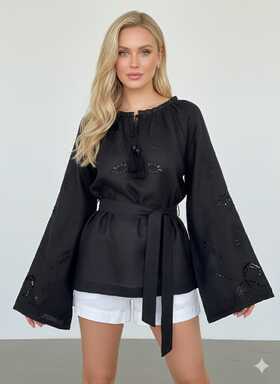 	 Blouse Black Vyshyvanka Linen Boho style, ethno Ukrainian embroidery, Embroidered clothes