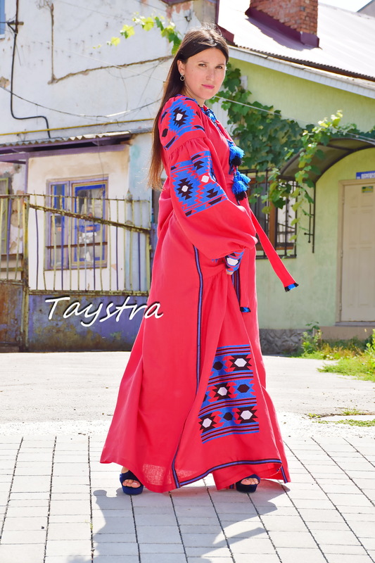 Embroidered Red Maxi Linen Dress Vyshyvanka Ukrainian embroidery