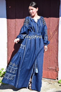 Dark Blue Dress Embroidered linen, ethno style boho chic, Vyshyvanka Dress Multi Color Embroidery Linen, Fashionable stylish evening dress  