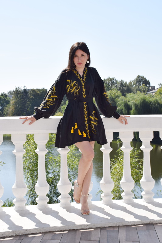 Short Black Dress Gold embroidery Vyshyvanka Dress Embroidery Linen Dress Ukrainian