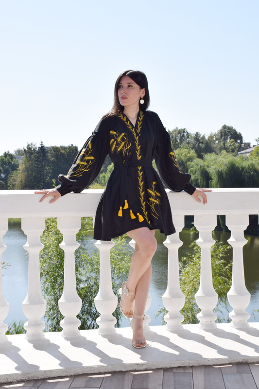 Short Black Dress Gold embroidery Vyshyvanka Dress Embroidery Linen Dress Ukrainian