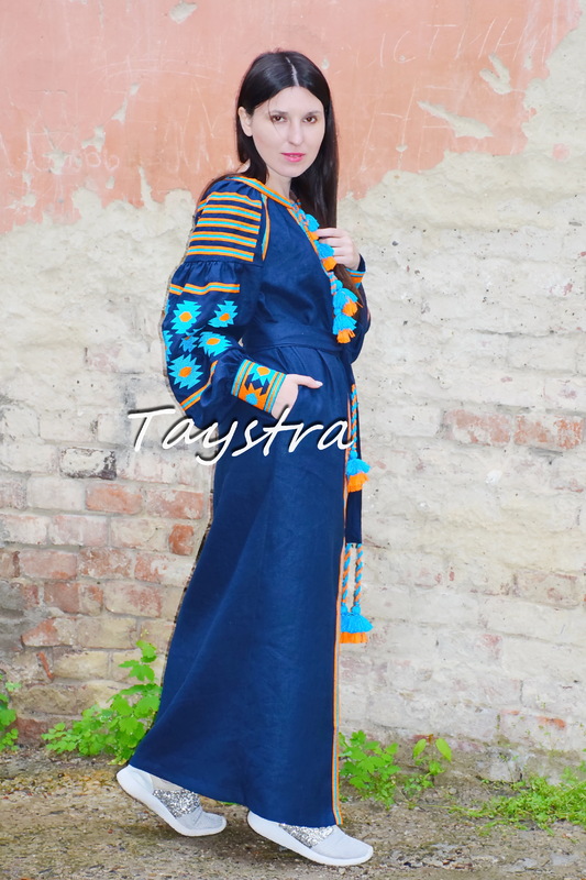 Dark blue Dress embroidered  linen ethno style boho chic, Bohemian Vyshyvanka Dress Ukrainian embroidery