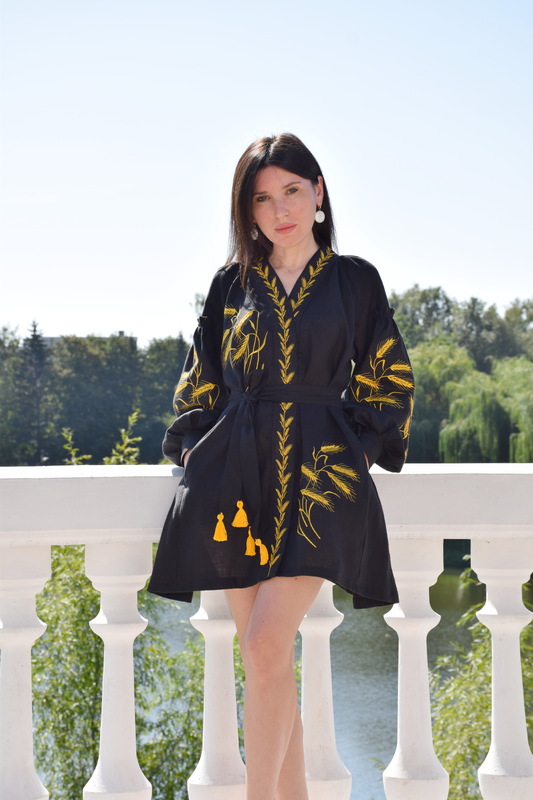Short Black Dress Gold embroidery Vyshyvanka Dress Embroidery Linen Dress Ukrainian