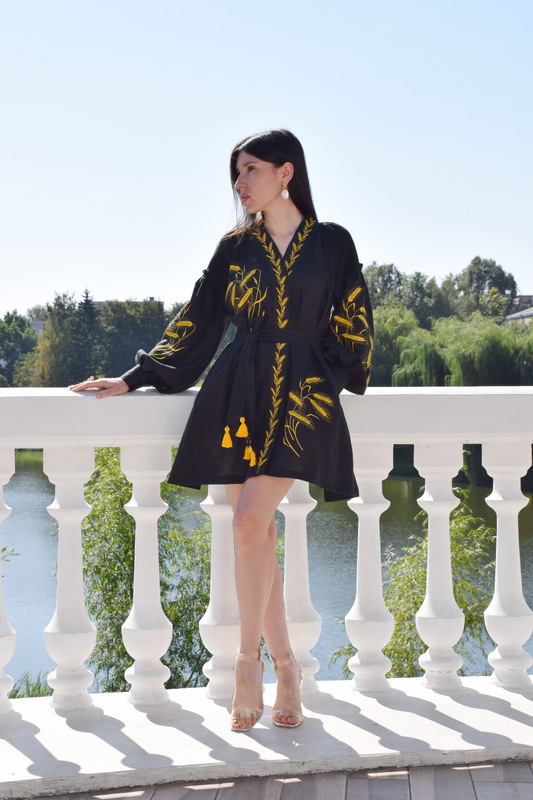 Short Black Dress Gold embroidery Vyshyvanka Dress Embroidery Linen Dress Ukrainian
