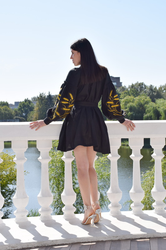 Short Black Dress Gold embroidery Vyshyvanka Dress Embroidery Linen Dress Ukrainian