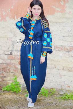 Dark blue Dress embroidered  linen ethno style boho chic, Bohemian Vyshyvanka Dress Ukrainian embroidery