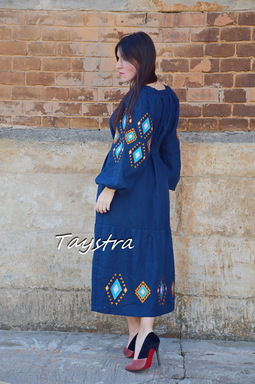 Blue Dress Color Embroidery Linen Dress Embroidered Vyshyvanka Dress Ukrainian