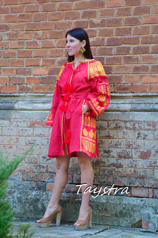 Midi Dress Embroidered, Red Linen Dress Vyshyvanka Ukrainian embroidery