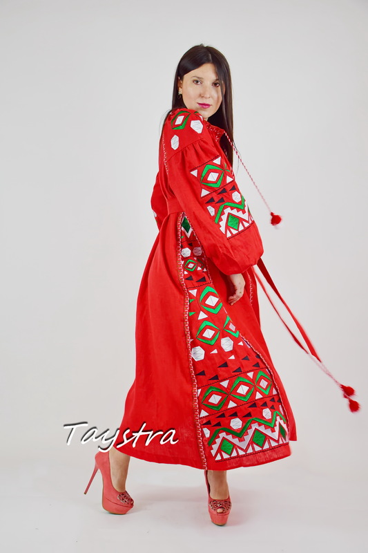 Dress Embroidered Red Maxi Dress Multi Color Embroidery Linen Dress Vyshyvanka Ukrainian embroidery