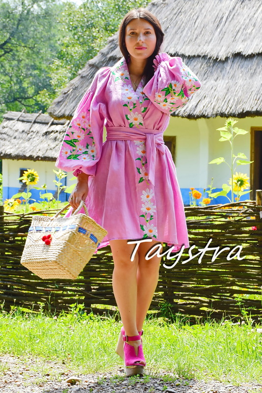 Embroidered dress Vyshyvanka Dress Multi Color Embroidery Linen, Ukrainian embroidery, Pink Dress 