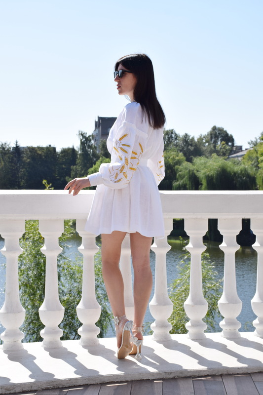 Short Dress Gold Еmbroidery Vyshyvanka Dress Linen Ukrainian