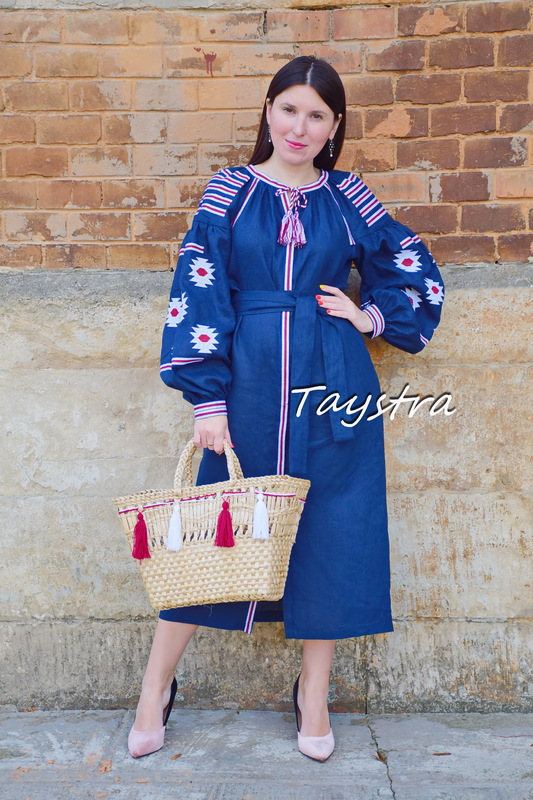 Dress Embroidered Vyshyvanka Dress Dark Blue Embroidery Linen Dress