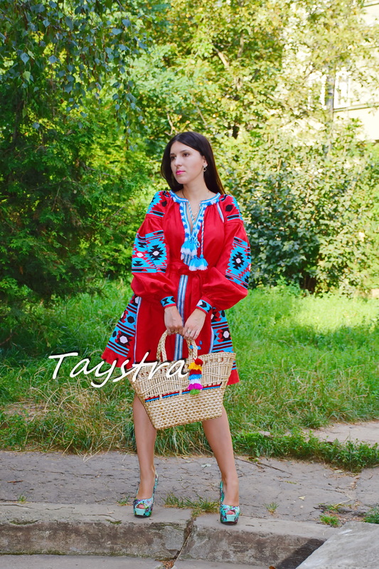 Red Short Dress Boho style Vita Kin boho chic Vyshyvanka Dress Multi Color Embroidery Linen Ukrainian embroidery Dress 