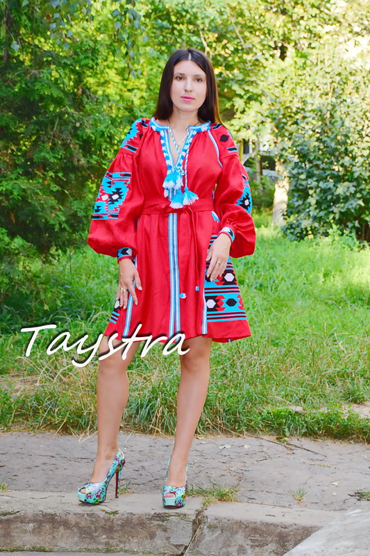 Red Short Dress Boho style Vita Kin boho chic Vyshyvanka Dress Multi Color Embroidery Linen Ukrainian embroidery Dress 