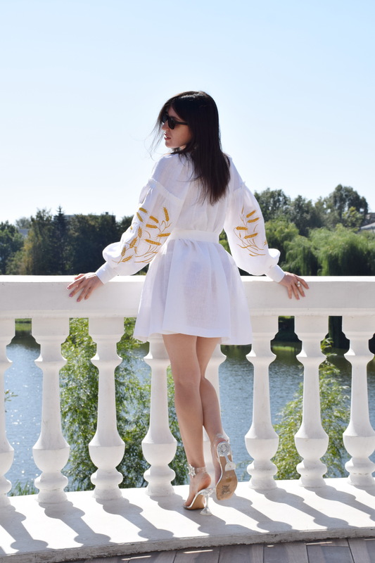 Short Dress Gold Еmbroidery Vyshyvanka Dress Linen Ukrainian