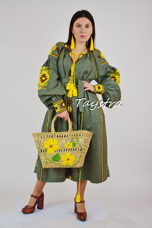 Linen Dress Embroidered ethno style boho chic Vyshyvanka Green Dress Embroidered 