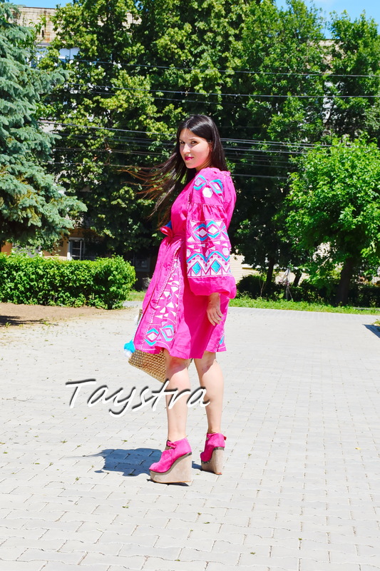 Short  Dress Embroidered Vyshyvanka Pink Dress Embroidery Linen Mini Dress Rose