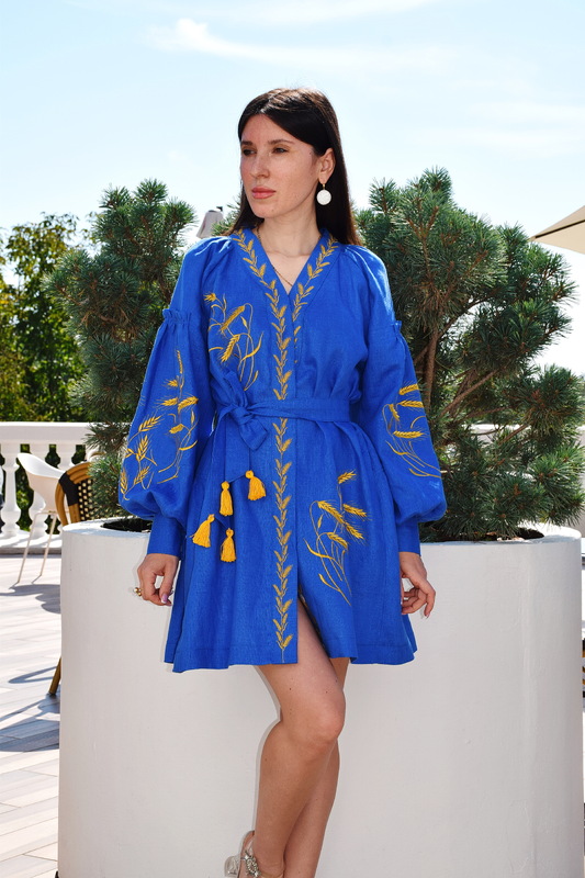 Vyshyvanka Dress Short Blue Dress Gold Еmbroidery Linen Dress Ukrainian