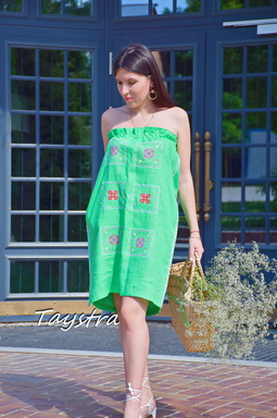 Green Tunic Dress Color Embroidery Linen Green Vyshyvanka Ukrainian embroidery