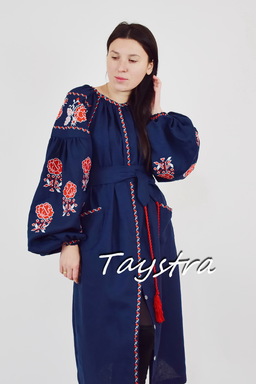 Blue Dress Embroidered, Multi Color Embroidery Linen Dress Ukrainian embroidery 