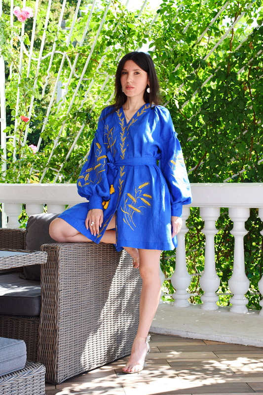 Vyshyvanka Dress Short Blue Dress Gold Еmbroidery Linen Dress Ukrainian