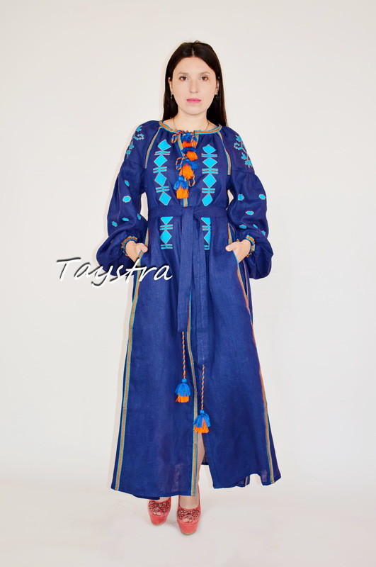 Vyshyvanka Blue Dress Ukrainian style boho chic Embroidered dress Multi Color Linen
