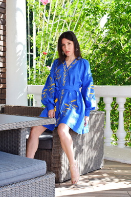 Vyshyvanka Dress Short Blue Dress Gold Еmbroidery Linen Dress Ukrainian