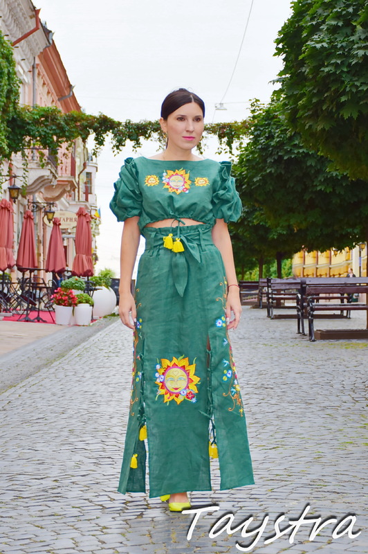 Embroidered skirt with belt and blouse-top women suit summer, embroidered clothing, women suit linen