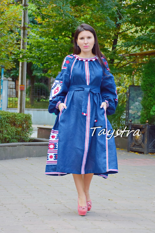 Dress Embroidered Vyshyvanka Maxi Dress Dark Blue Embroidery Linen Dress