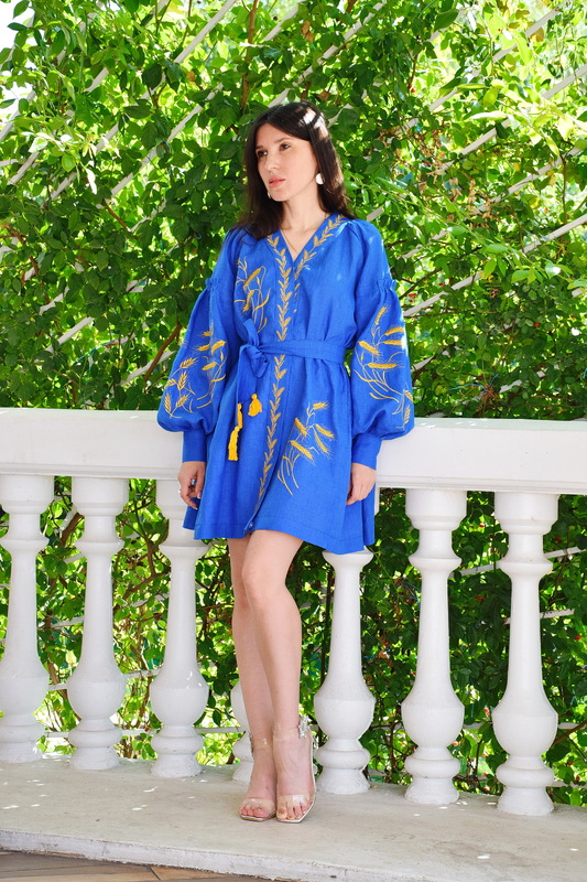 Vyshyvanka Dress Short Blue Dress Gold Еmbroidery Linen Dress Ukrainian