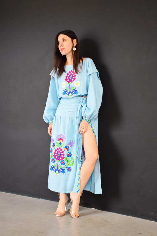 Women's Suit Embroidered Linen, Embroidered Clothing, Custom Tailoring, Blue Suit Embroidered Skirt and Blouse