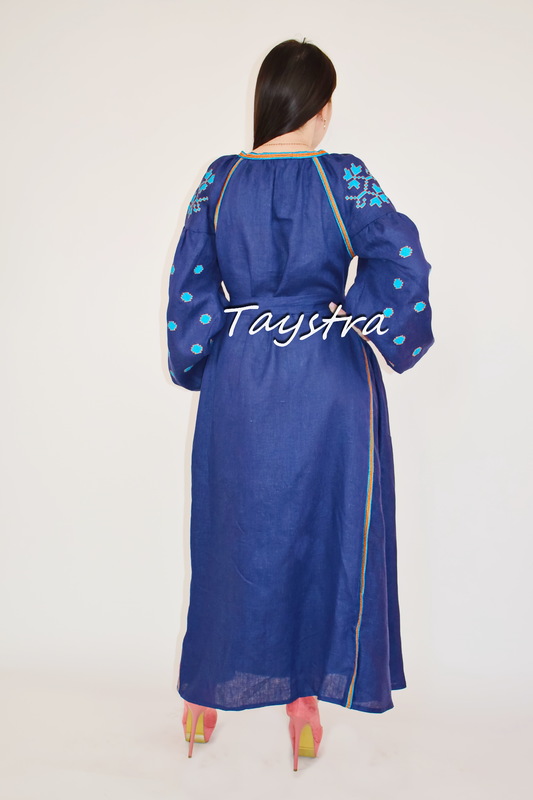 Vyshyvanka Blue Dress Ukrainian style boho chic Embroidered dress Multi Color Linen