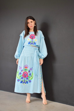 Women's Suit Embroidered Linen, Embroidered Clothing, Custom Tailoring, Blue Suit Embroidered Skirt and Blouse