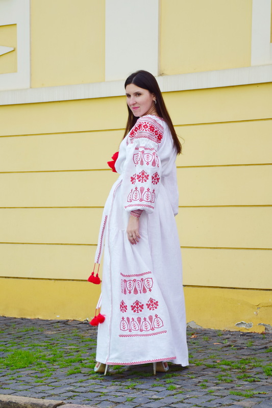 Embroidered Dress Red Embroidery, White Linen Dress Vyshyvanka Ukrainian