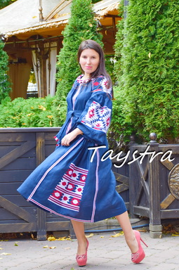 Dress Embroidered Vyshyvanka Maxi Dress Dark Blue Embroidery Linen Dress