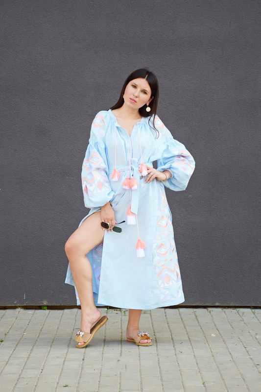 Embroidered Vyshyvanka Blue Linen Maxi Dress Multi Color Embroidery Linen Dress Ukrainian