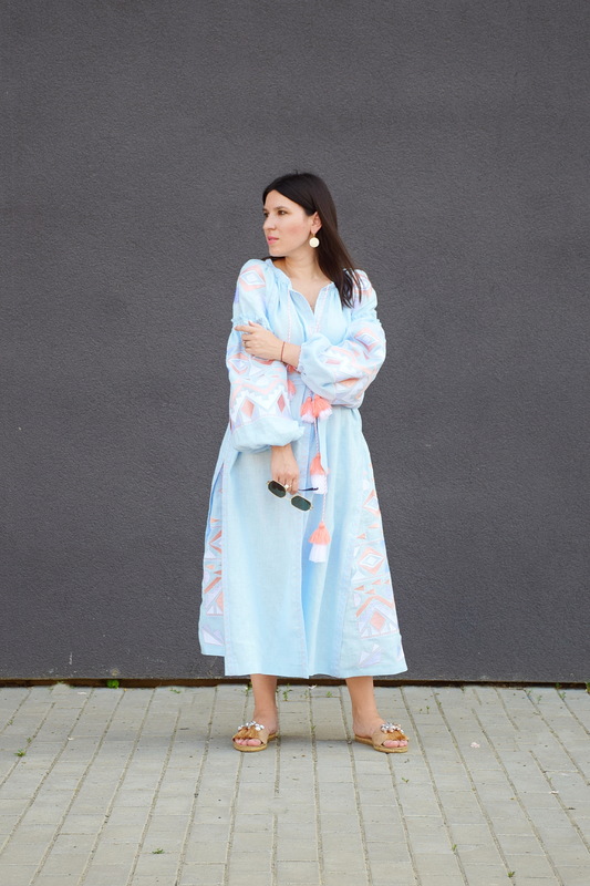 Embroidered Vyshyvanka Blue Linen Maxi Dress Multi Color Embroidery Linen Dress Ukrainian
