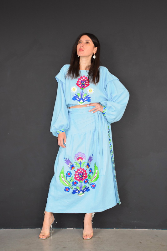 Women's Suit Embroidered Linen, Embroidered Clothing, Custom Tailoring, Blue Suit Embroidered Skirt and Blouse