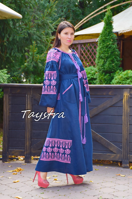 Dress Embroidered Vyshyvanka Blue Dress Multi Color Embroidery Linen Dress Ukrainian