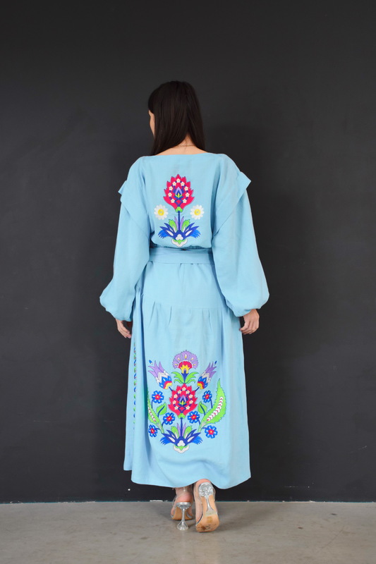 Women's Suit Embroidered Linen, Embroidered Clothing, Custom Tailoring, Blue Suit Embroidered Skirt and Blouse