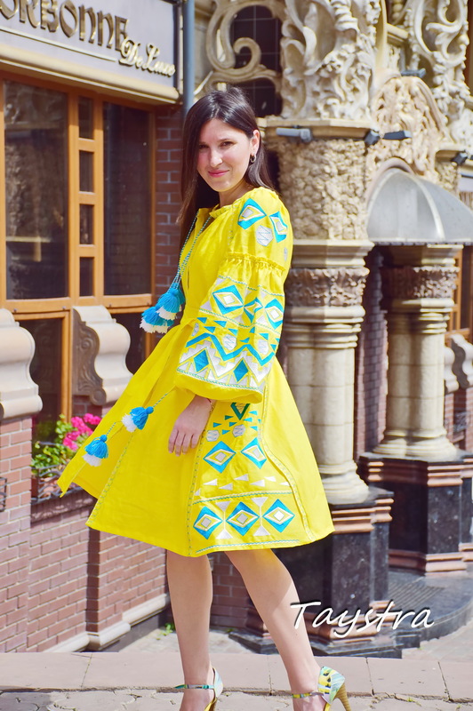  Yellow Short Dress Embroidered Vyshyvanka Dress Embroidery Linen Dress Gypsy 