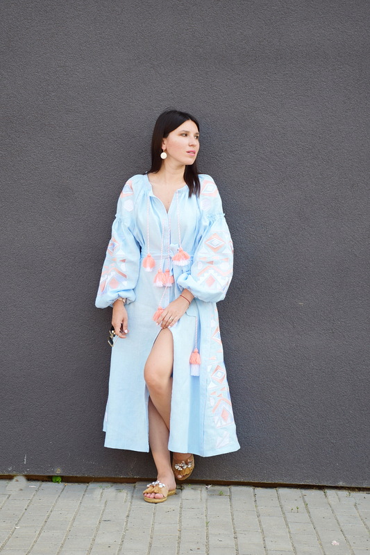 Embroidered Vyshyvanka Blue Linen Maxi Dress Multi Color Embroidery Linen Dress Ukrainian